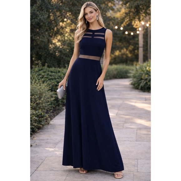 Nw Nightway Dresses & Skirts - Nightway Navy Blue Mesh Cutout Maxi Dress Sleeveless Formal Evening Size 6